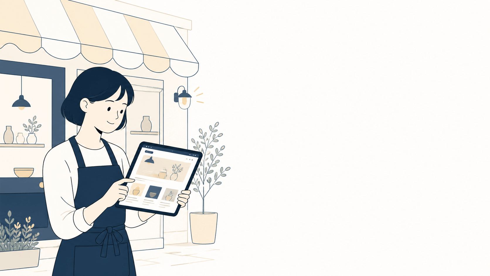 店舗オーナーがタブレットで自店のホームページを確認するイラスト